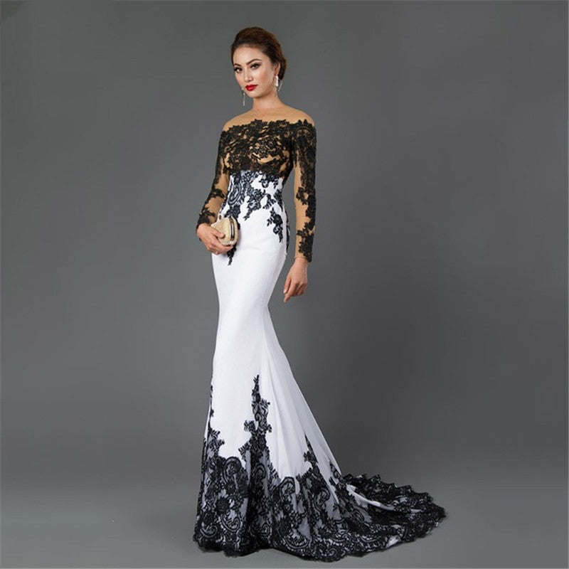 Vestido largo de encaje bordado con cola de pez y cola delgada