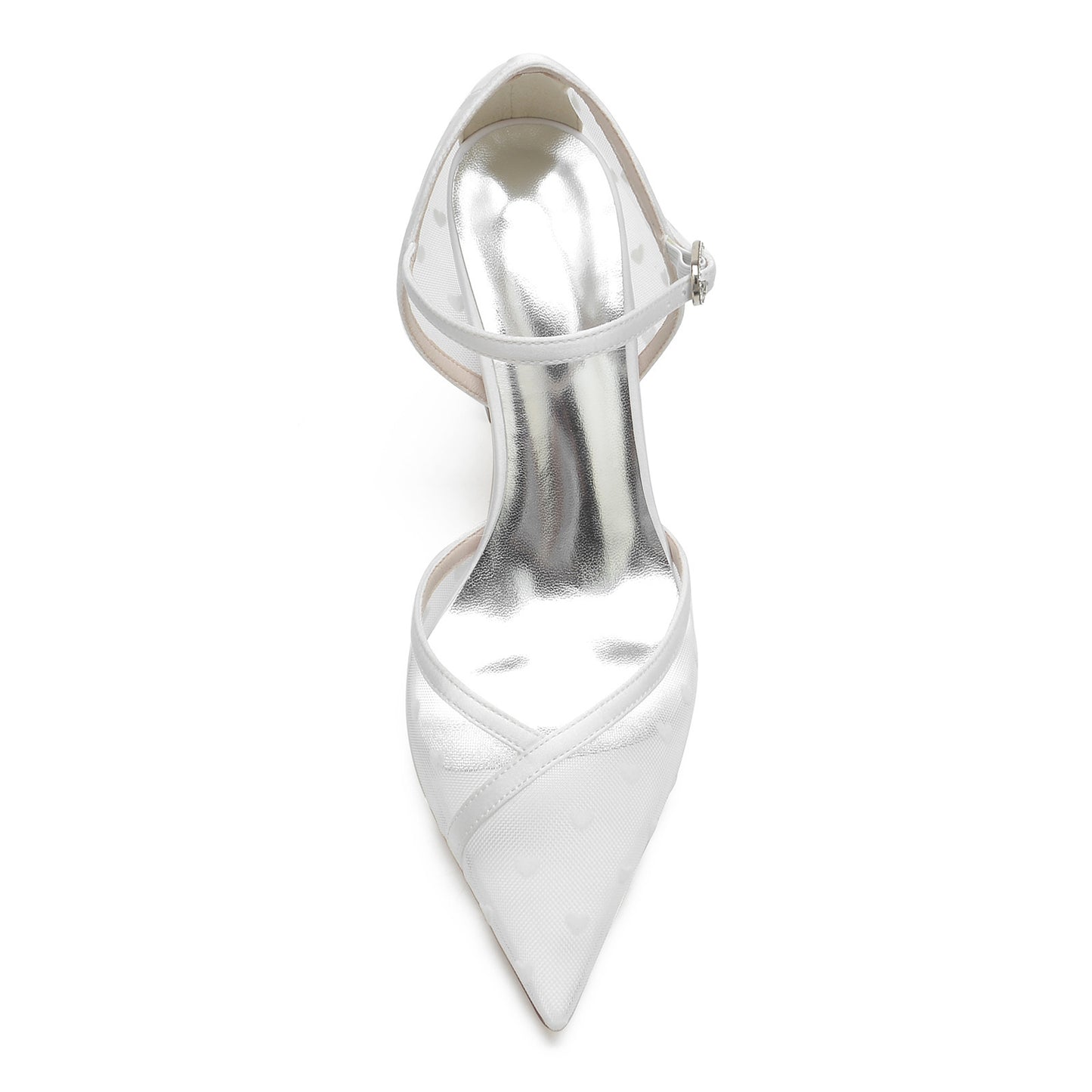 Zapatos de boda blancos con puntos transparentes, punta estrecha, tacón grueso, encaje hueco, novia