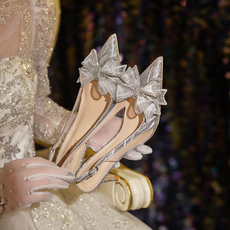 Tacones altos de cristal francés con lazo, zapatos de novia dorados con diamantes de imitación y punta puntiaguda