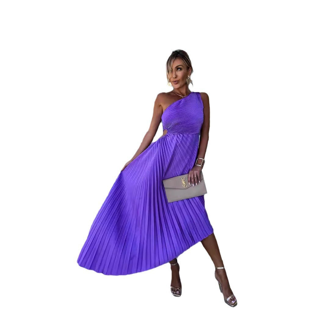 Robe de soirée plissée ajourée à col diagonal et épaules dénudées pour femme, couleur unie, style décontracté