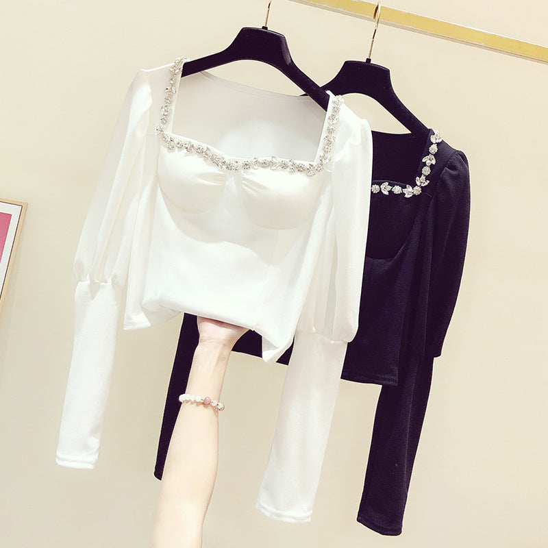 French Blouse Women Spring Dress Temperament Square Collar Exposed Collarbone Slim Fit