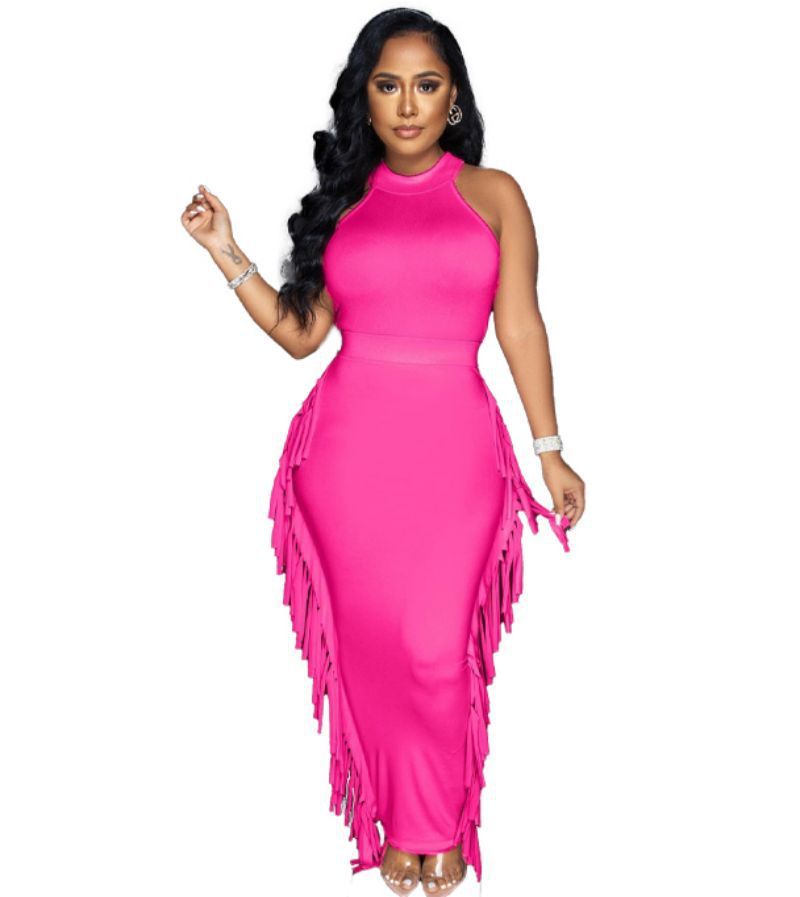 Ensemble deux pièces robe à pompons de couleur unie et licou