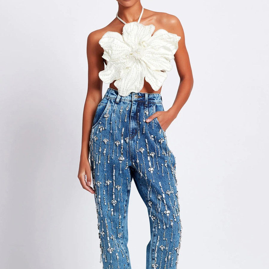 Flower Beaded Pearl Tube Top