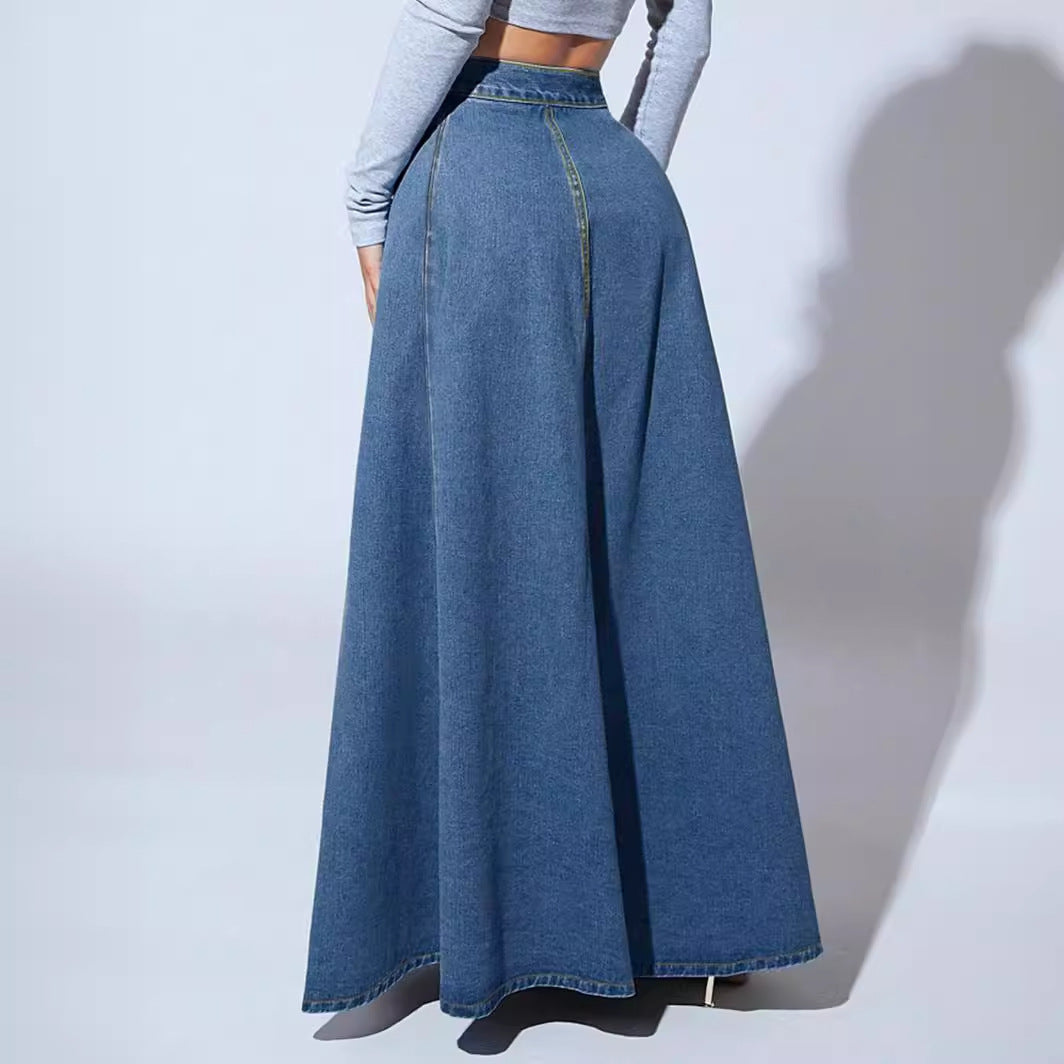 Falda vaquera de un solo pecho con diseño amplio y estilo retro de moda