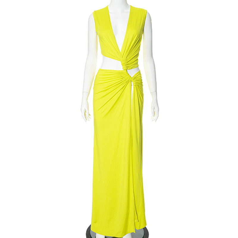 Robe moulante ajourée à col en V profond et couleur unie pour femme