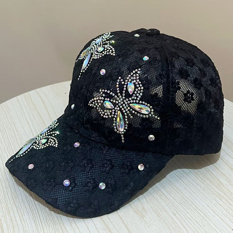 Gorra de béisbol con encaje, flores pequeñas, mariposas y diamantes de imitación para mujer