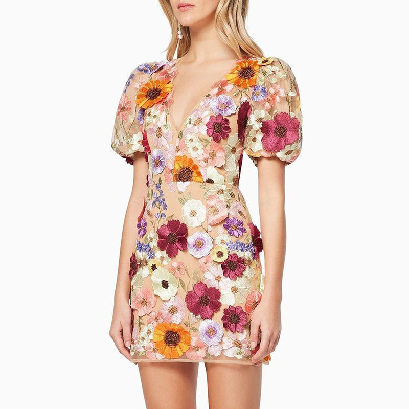 Robe élégante à col en V et manches lanternes pour femme, motif floral tridimensionnel