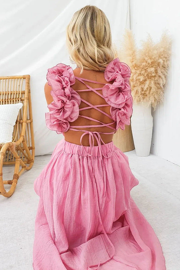 Women's Sleeveless Solid Color Lace-up Pleated Skirt Dress