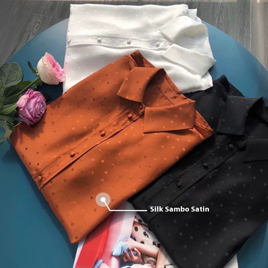 Chemise à manches longues en crêpe satin soyeux, ample et décontractée, style minorité française, revers brillant