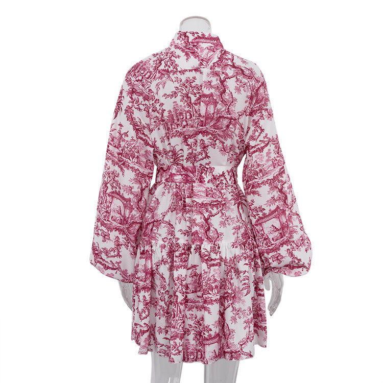 Robe courte à manches longues et imprimé encre, avec manches bouffantes tendance, cravate à revers, coupe trapèze