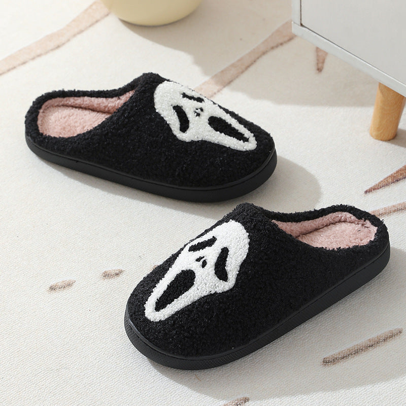 Chaussons d'hiver chauds à imprimé tête de mort pour Halloween, pantoufles d'intérieur en coton pour hommes et femmes
