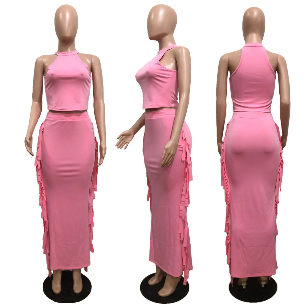 Ensemble deux pièces robe à pompons de couleur unie et licou
