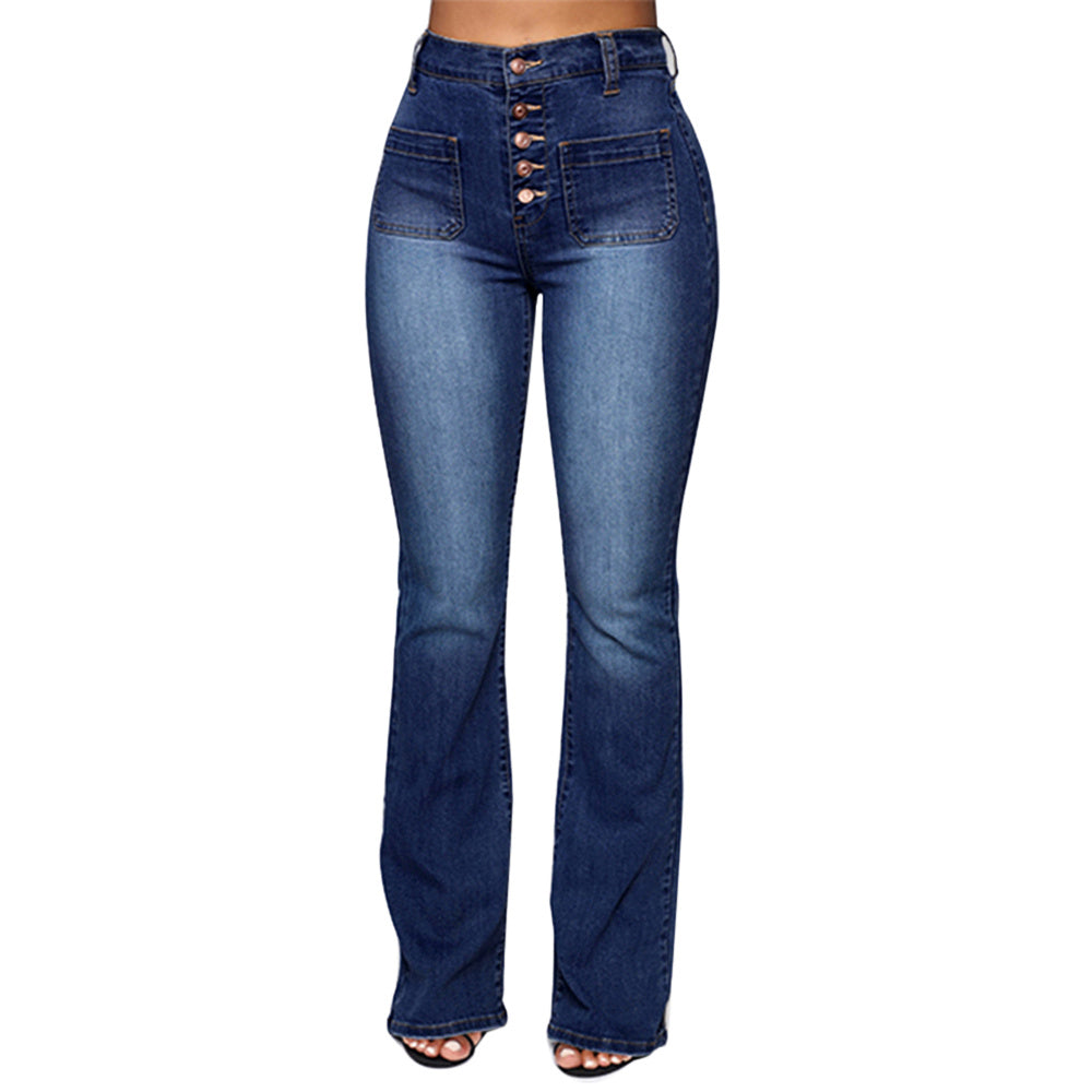 European And American New Style Ladies Buttoned Patch Pockets Washed Trousers Jeans