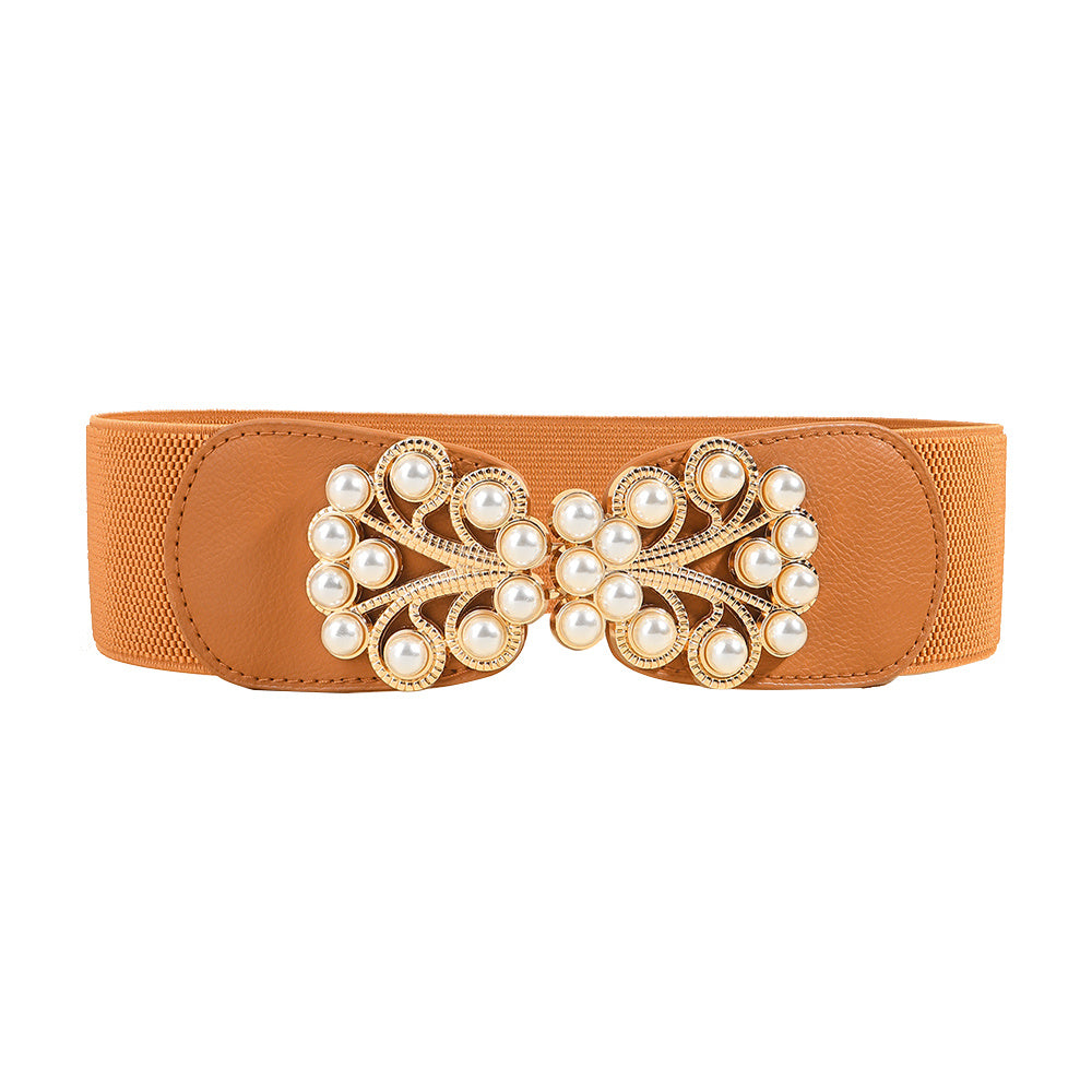 Cinturón ancho elástico elegante para mujer, hebilla de Metal perla, cinturón elástico, traje, chaqueta, vestido, cinturón multicolor