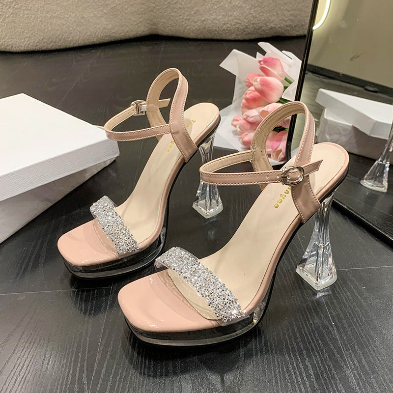 Sandales décontractées à talons épais et très hauts avec boucle et bride transparente et strass