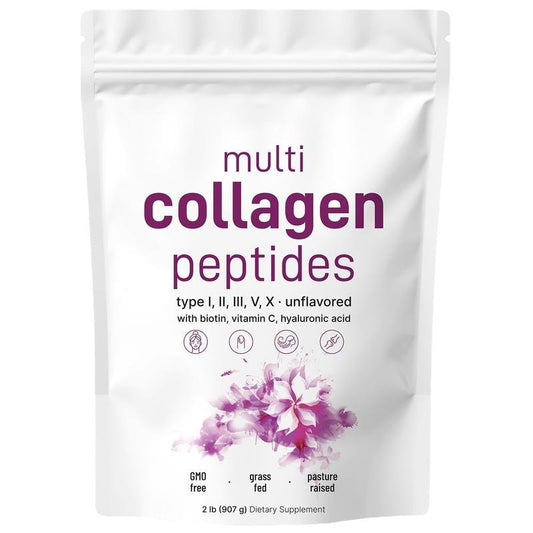 Péptidos de colágeno múltiple en polvo, 16 oz - Péptidos de proteína hidrolizada tipo I,II,III,V,X con ácido hialurónico, biotina y vitamina C