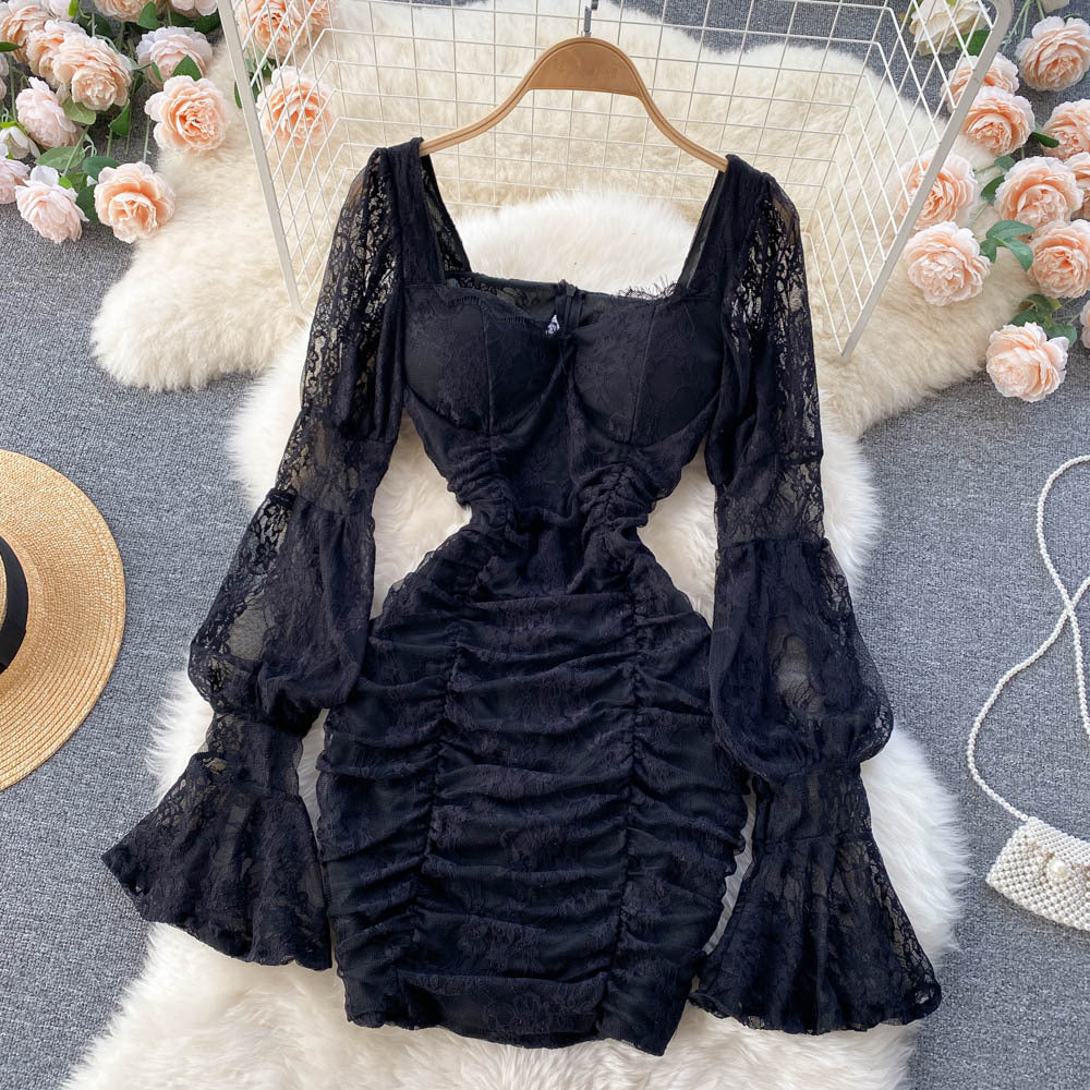 Women's Square Neck Lace Perspective Lantern Sleeve Waist Bag Hip Dress