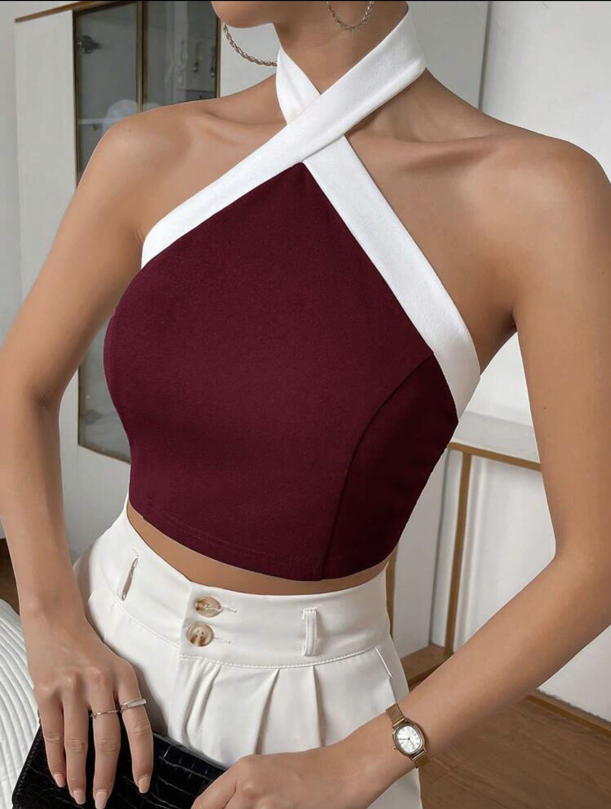 Women's Vest Contrast Color Decorative Buckle Top