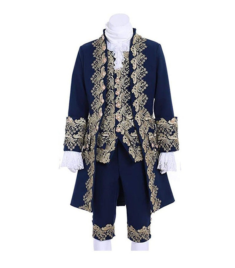 Costume de scène masculin noble en dentelle brodée médiévale européenne rétro