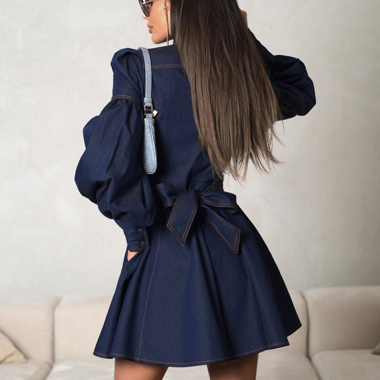 Robe chemise en jean à lacets et manches lanternes