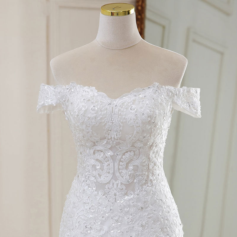 Vestido de novia con cuello en V y cola larga, cintura alta, encaje de ensueño, temperamento blanco, cintura alta