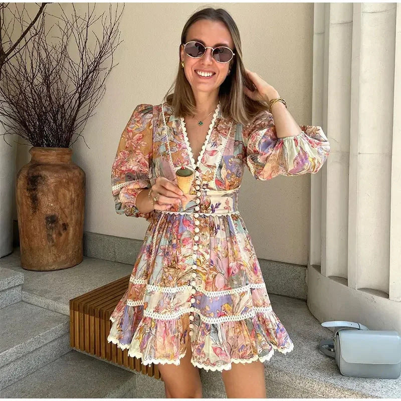 Vintage Single-breasted Printed Mini Dress