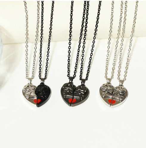 Collier avec pendentif tête de mort punk rétro pour Halloween, en forme de cœur, avec coutures magnétiques, pour couple