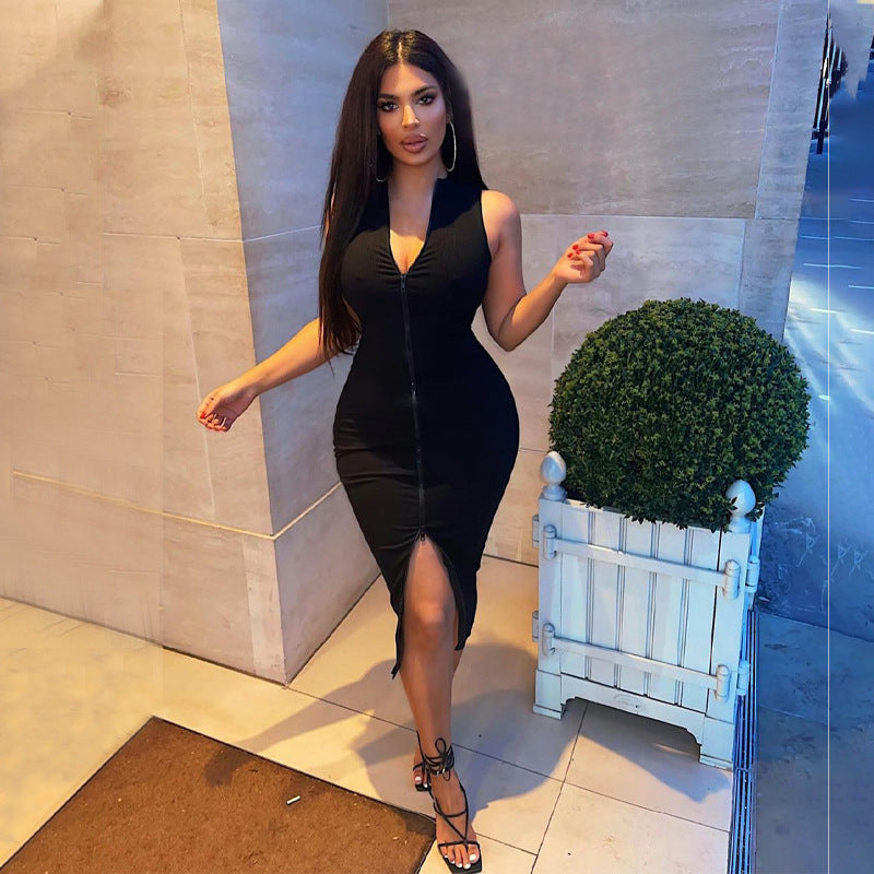 Robe moulante sans manches à col montant et fermeture éclair pour femme, couleur unie, coupe ajustée et ajustée