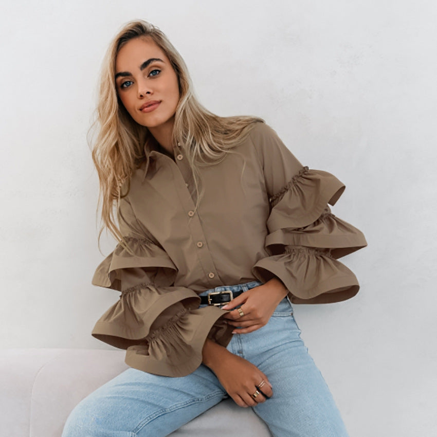 Chemise à volants en coton à revers de style français