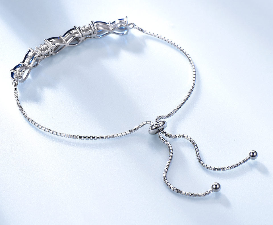 Pulsera ajustable de plata de ley S925 con zafiro azul y cadena de caja para mujer