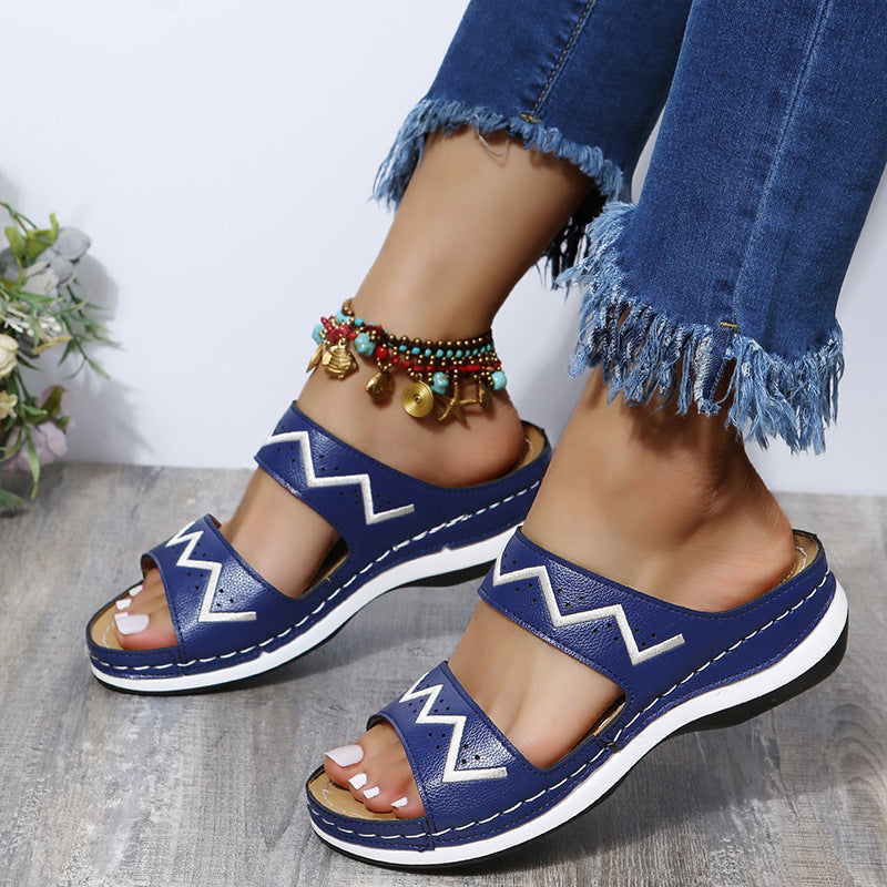 Mid-Heel Embroidered Wedge Lightweight Sandals