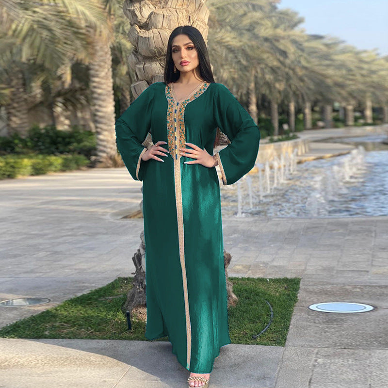 Vestido con cinta de diamantes calientes y encaje estilo musulmán de Dubái