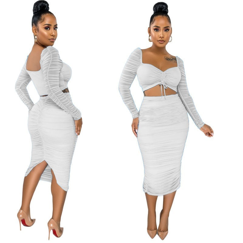 Sexy Drawstring Mesh Skirt Two-piece Suit