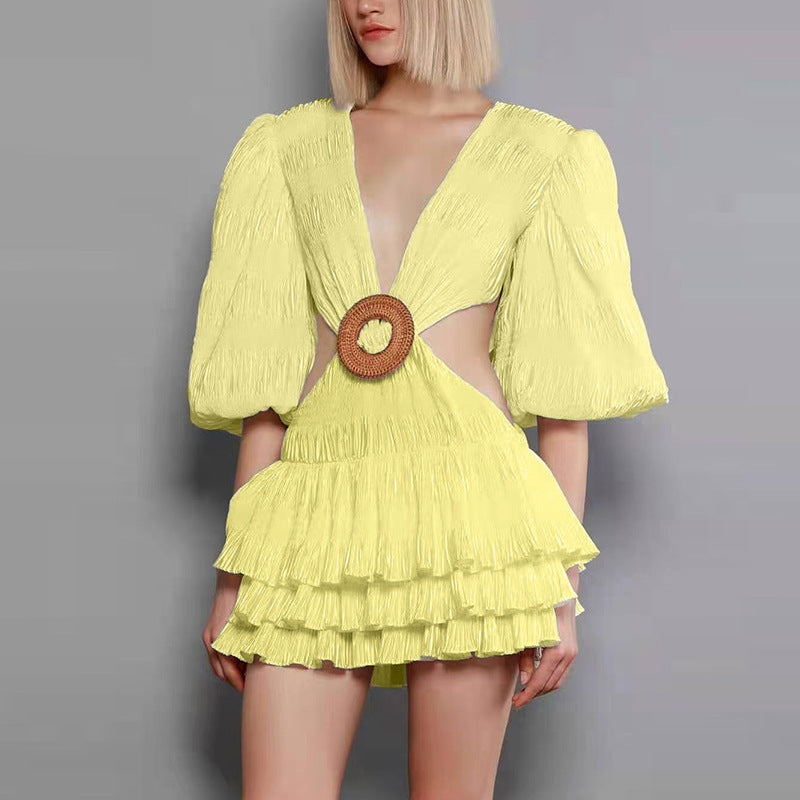 Women's Fashion Solid Color And V-neck Puff Sleeve Dress