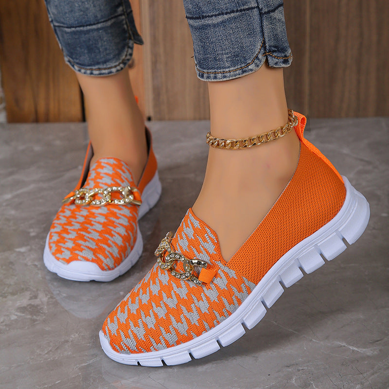 Zapatos casuales de malla con cadena y estampado de pata de gallo, zapatos planos deportivos para caminar de verano para mujer, mocasines transpirables
