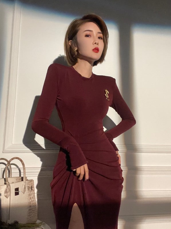 Vestido ajustado de manga larga con cadera envuelta para mujer