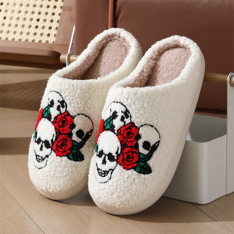Chaussons d'hiver chauds pour femme, motif tête de mort et rose, idéal pour l'intérieur ou la chambre à coucher