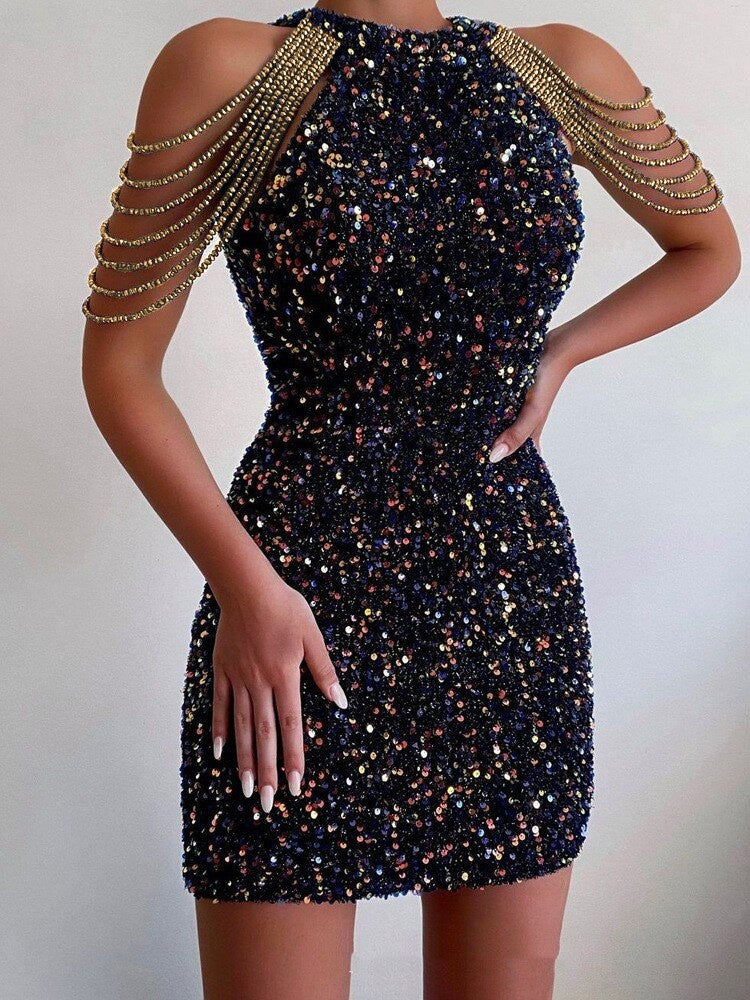Halter Crystal Fringed Sheath Sequins Dress