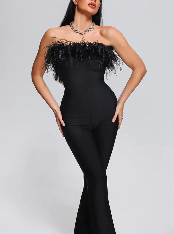 Sexy Sleeveless Feather Slimming Bowknot Decoration Straight Long Jumpsuit