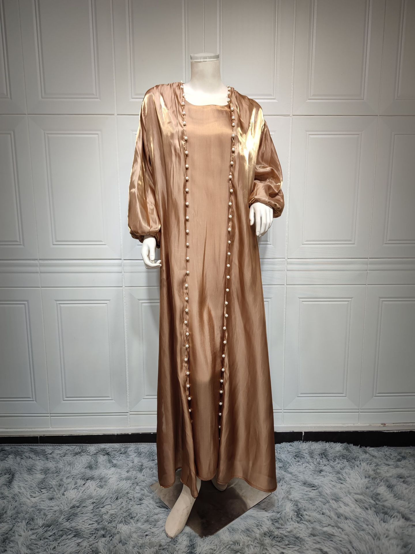 Women's Fashion Fil-Lumiere Satin Silk Dress Foam Beads Solid Color Suit