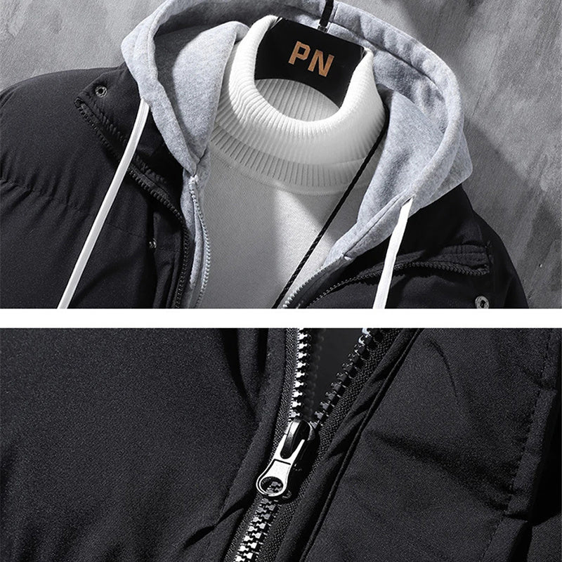 Chaqueta con capucha de moda para hombre, abrigo de dos piezas falso grueso a prueba de viento de invierno, chaqueta deportiva de algodón de ocio sólida