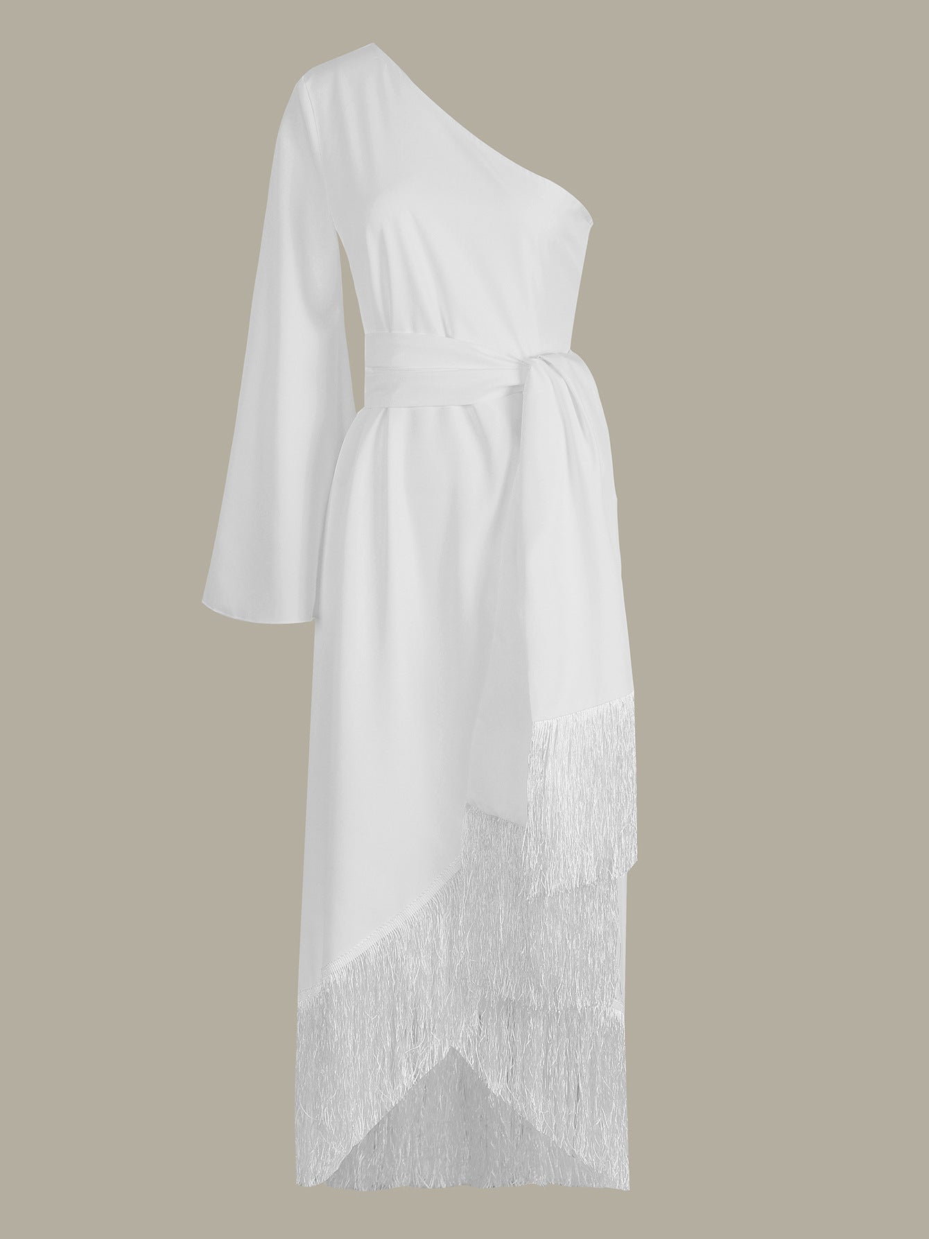 Women's Fashion Solid Color Shoulder Long Sleeve Off-the-shoulder Waist Tassel Dress