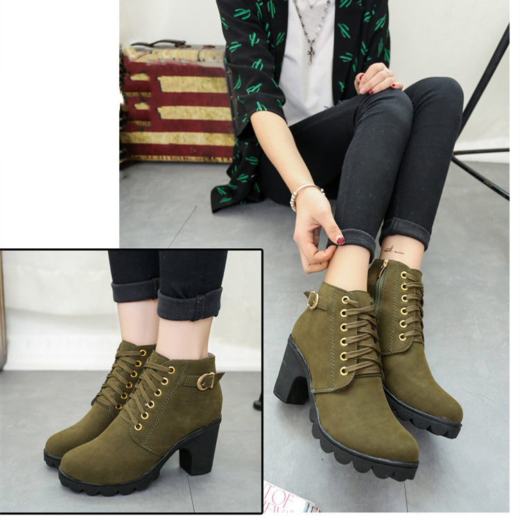 Botas de tacón de bloque grueso Botines con hebilla Zapatos de mujer
