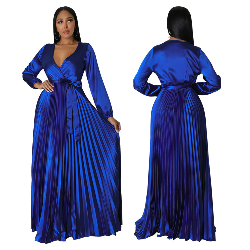 Robe plissée à manches lanternes pour femme
