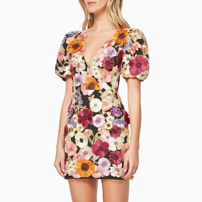 Robe élégante à col en V et manches lanternes pour femme, motif floral tridimensionnel