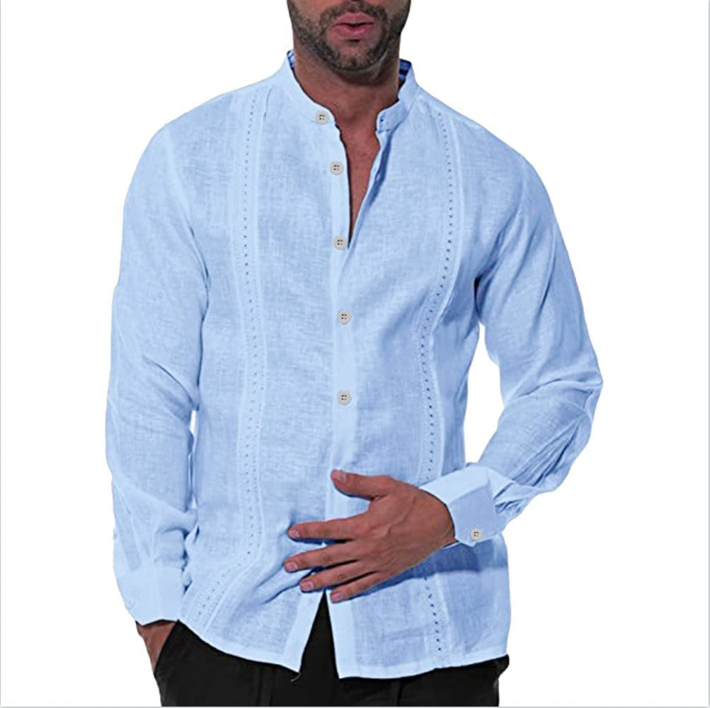 Camisa informal de manga larga con cuello alto de algodón y lino a la moda para hombre