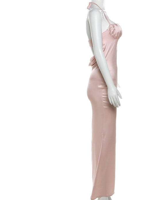 Robe sexy à col suspendu et dos ouvert pour femme, coupe ajustée, hanches enveloppées