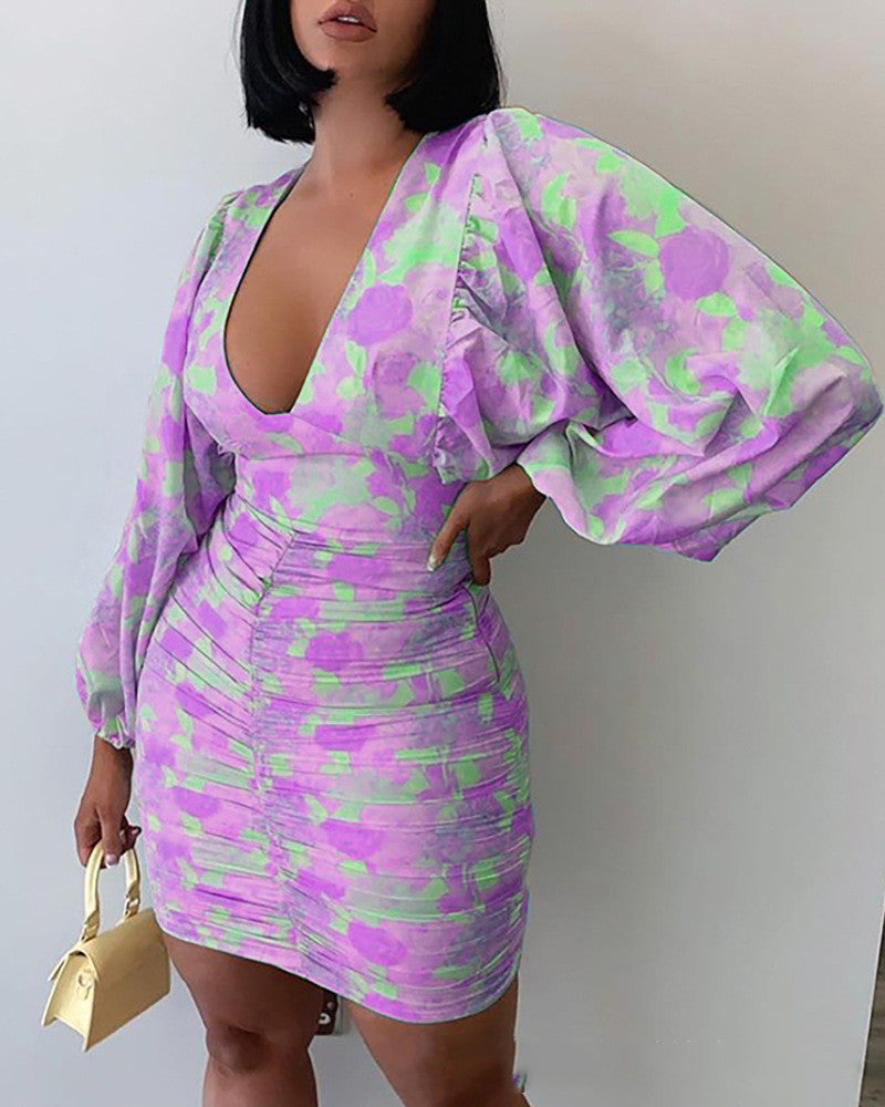 New Style Women's Printed V-Neck Long-Sleeved Dress