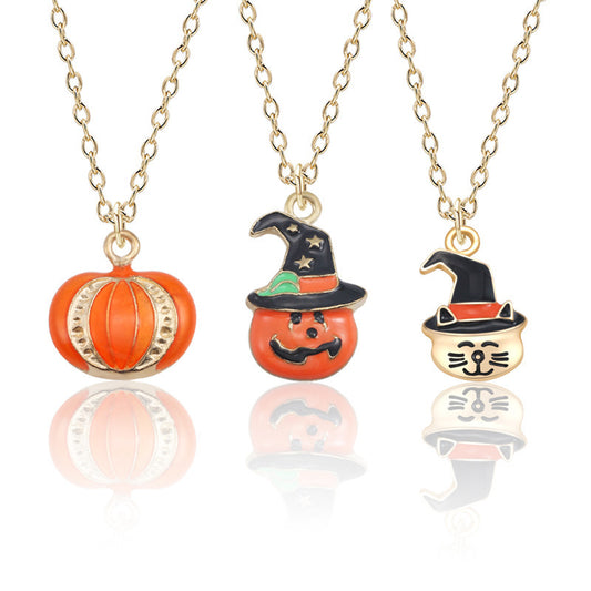 Collier avec pendentif en forme de citrouille et de chat, goutte d'huile d'Halloween, chaîne de clavicule créative, accessoires de bijoux tendance