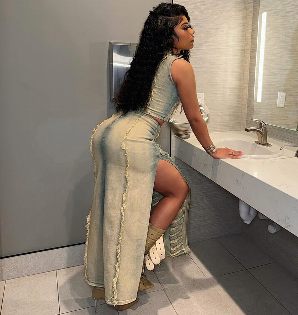 Traje de mujer Chaleco deshilachado a mano único de moda Falda vaquera con abertura